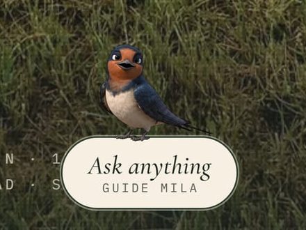 Mila, a cartoon swallow, perched on the guide button of the live zeleniturizem.si home page